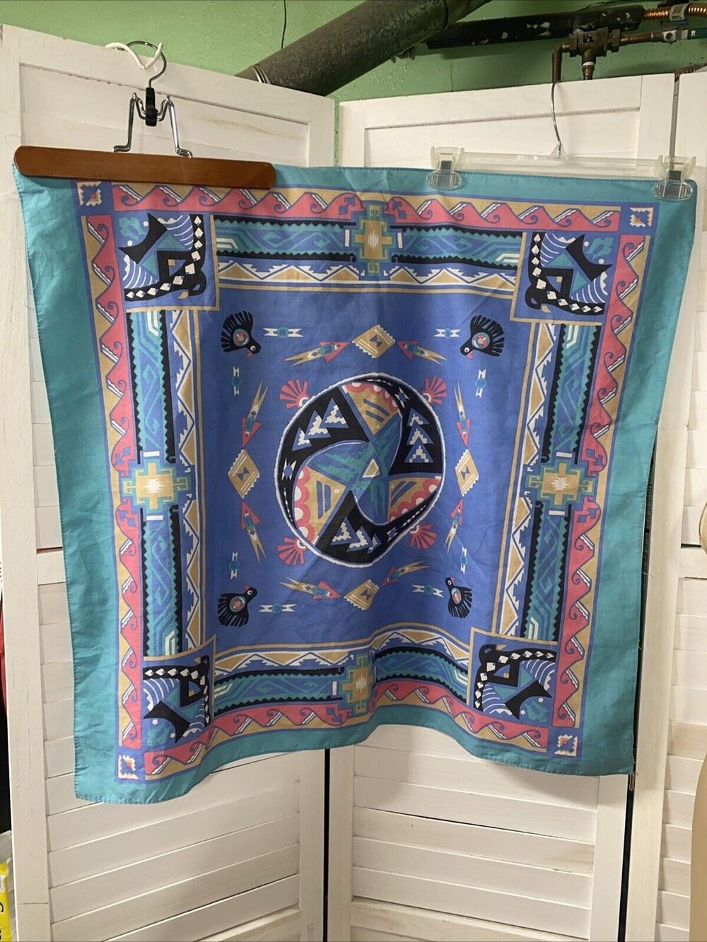 Vintage Wamcraft Teal Southwest Native American 32” Square Bandana Made In USA